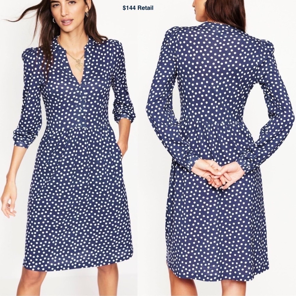 BODEN Naomi Relaxed Jersey Dress Size 12 Navy Blue Polka Dot Knee Preppy Classic